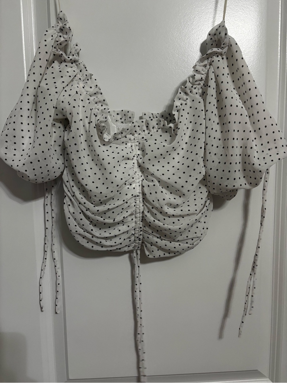 HYFVE White with Black Polka Dot Ruched Crop Top